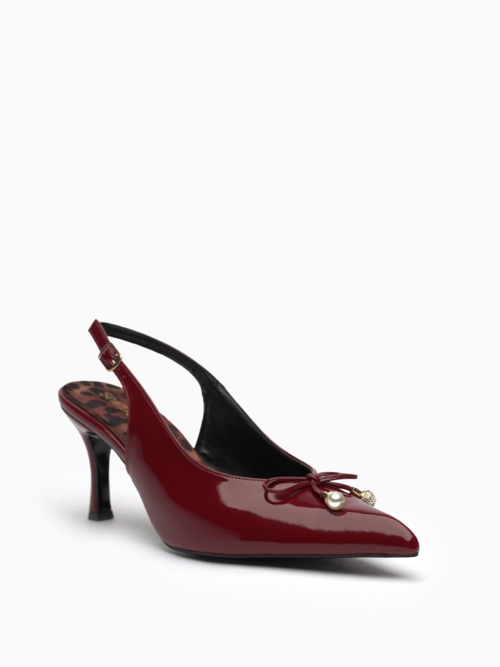 Perla Patent Slingback Heels: Knotted Bow, Pearl Detail, Hourglass Heel